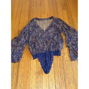 Free People Bodysuit Womens Small Blue Floral Lace Thong One Piece Bell Sleeve